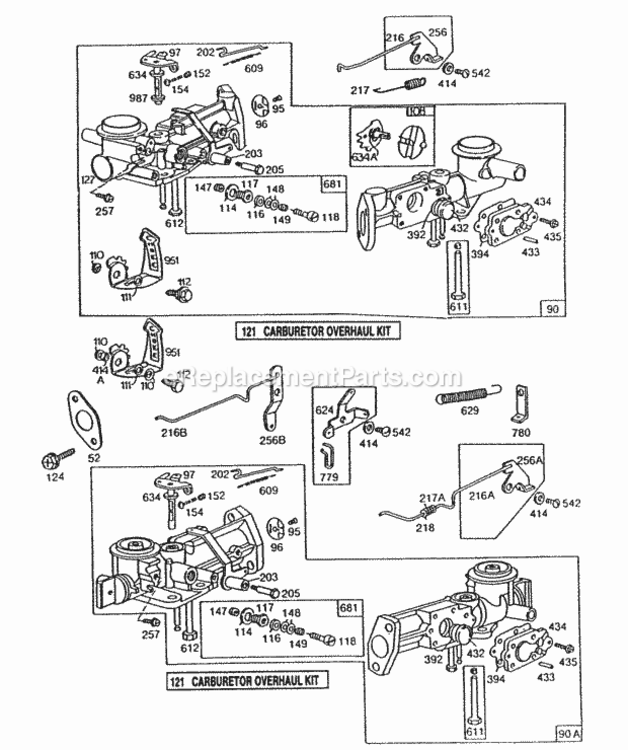 (2) Carburetor Assemblies Diagram and Parts List for 130202-1892-01 Series Briggs and Stratton Engine